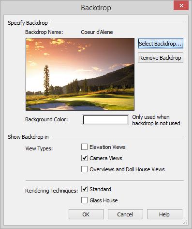 Custom Materials, Images, and Backdrops To apply a backdrop to 3D views 1. Select 3D> 3D Backdrop to open the Backdrop dialog. 2.