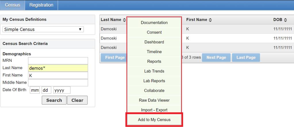 To add a patient to my census, hover the mouse over the patients name and