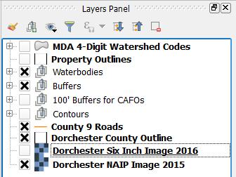 4 The project file for each county should have pre-loaded layers. The layers with an x next to them will be visible in the Map Canvas. If the x is not visible, the layer is currently turned off.