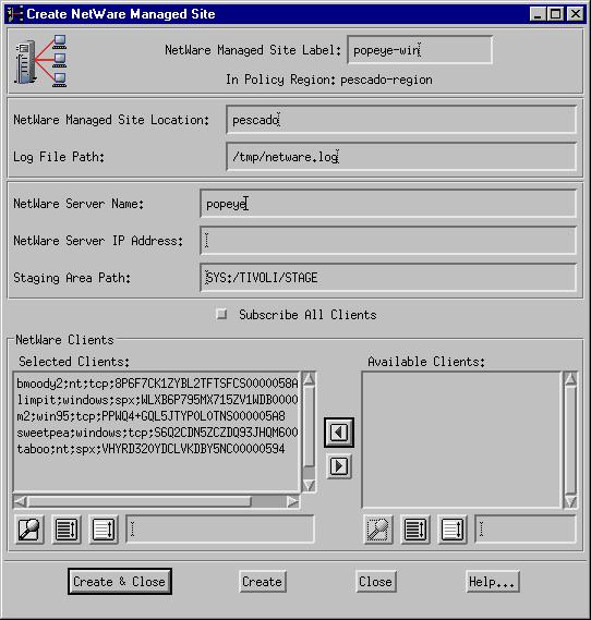 Creating a NetWare Managed Site 1. Select NetWareManagedSite... from the policy region s Create menu to display the Create NetWare Managed Site dialog. NetWare Managed Sites 1.