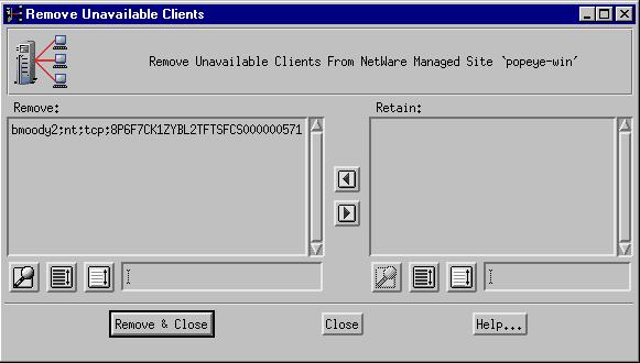 Removing an Unavailable Client Desktop If a subscribed client becomes unavailable, the NetWare managed site displays the Remove Unavailable Clients dialog when you double-click on the NetWare managed