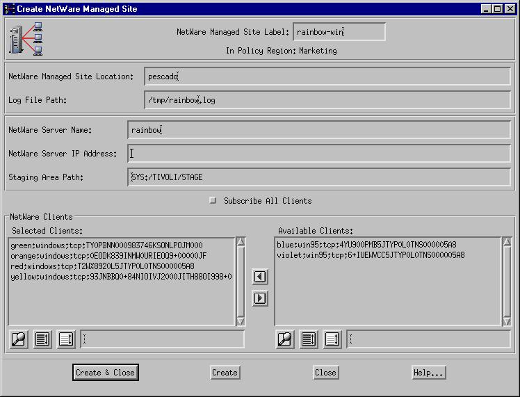 Creating NetWare Managed Sites 1. Create the rainbow-win NetWare managed site by selecting NetWareManagedSite... from the Create menu to display the Create NetWare Managed Site dialog.