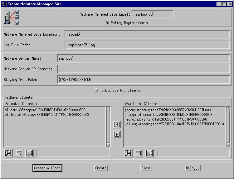 Creating NetWare Managed Sites The rainbow-95 NetWare Managed Site Complete the following steps to create a NetWare managed site for the rainbow NetWare server and its Windows 95 clients. 1.