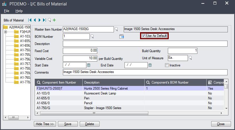 BOM r Kit Use as Default BOM r Kit Use as Default Sage 300 Inventry Cntrl has a "Use as Default" setting fr BOMS and Kits, as shwn here: In Extended Order Entry, this setting causes the BOM number t