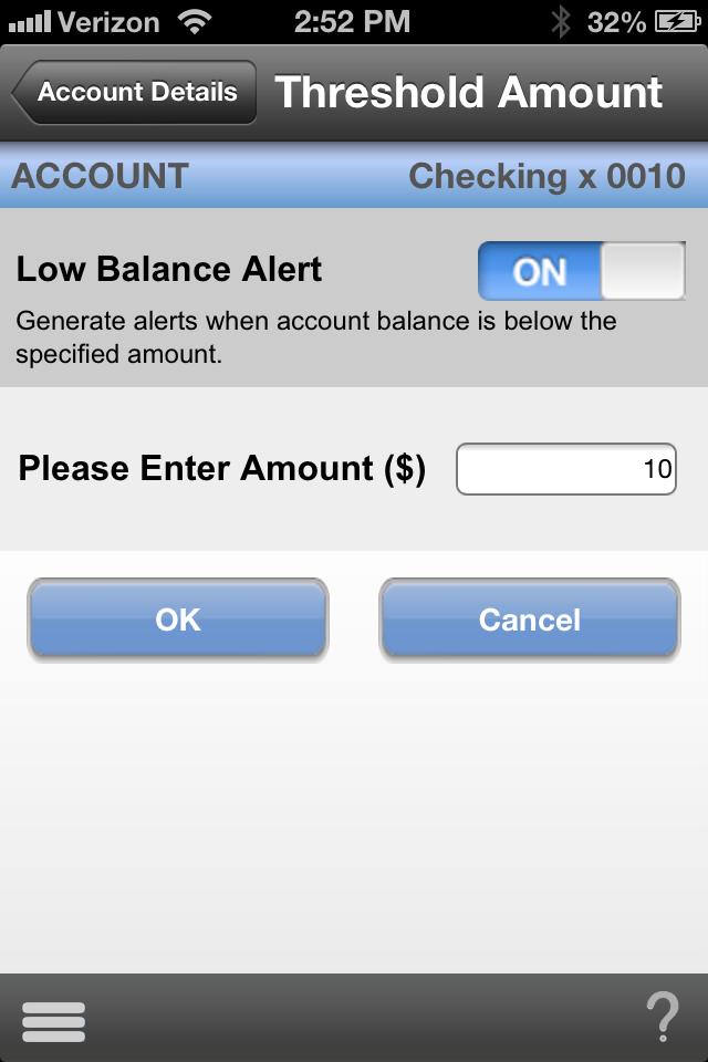 Low Balance Alert To set up Low Balance Alerts from the Account Details page, select "Low Balance Alert.