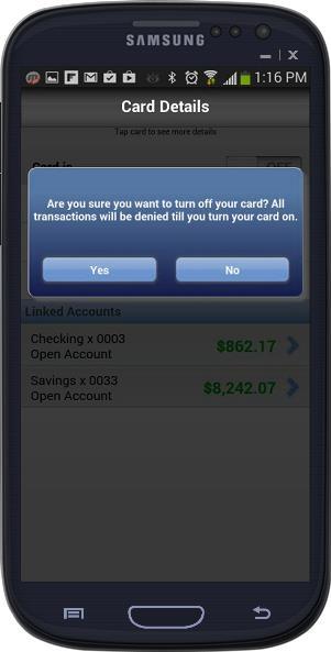 Card Details: Card Control Off Prompt Selection In order to turn the card off, select "Card Off," you will be prompted with a warning confirmation message.