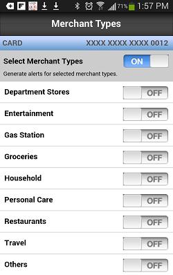 Alerts: Merchant Type Alerts ON When "Merchant Types" is selected as "ON," the individual types are shown. The first time a user selects "ON," all of the merchant types will be enabled.