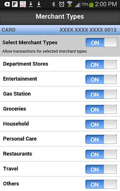 Controls: Merchant Type Controls You can specify "Merchant Types" for which transactions are to be allowed or denied: When "Merchant Types" is selected as "ON," the individual types are shown.