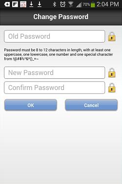 Change Password By selecting "Change Password" from the "Settings" screen, you will be prompted to enter the old