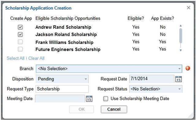 Creating New Scholarship Requests from Contact Records If the Contacts workspace is open and you have selected one or more records, an option will be available in the Actions menu called Check