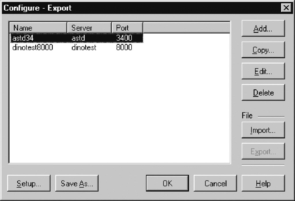 Figure 69. Configuration dialog in export mode Note: To prevent an accidental switch in or out of Export mode, the Export button is disabled after any of these actions: Add, Edit, Delete or Import.