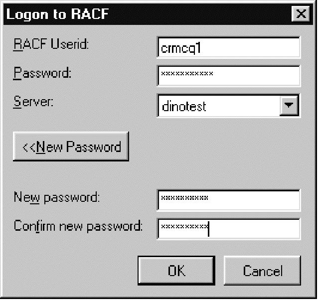 Figure 1. Logon dialog 2. Enter your mainframe user ID and password. Or, 3. Select New Password to change your password. 4. Confirm your new password. 5. Click OK to continue.