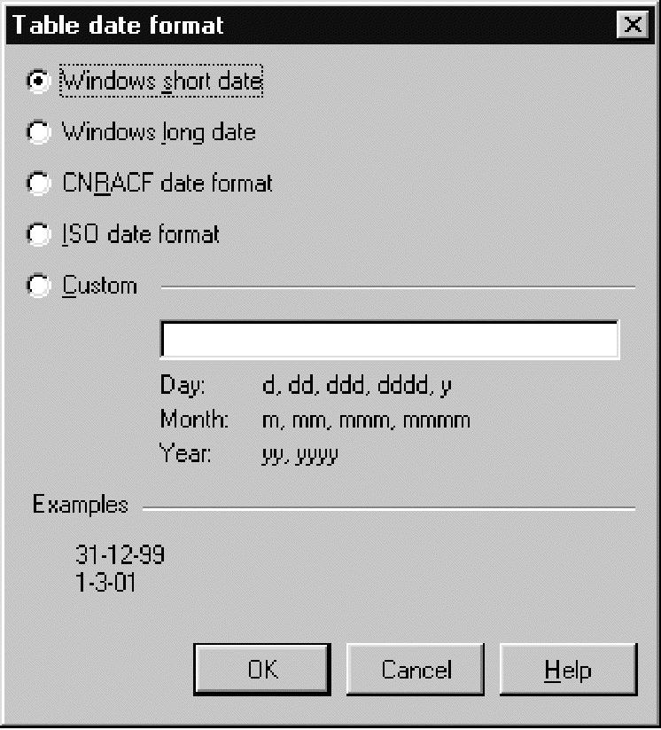 Figure 5. Date format dialog Procedure v Use these options specify the predefined formats. Windows short date The Windows date formats are taken from the Windows configuration settings.