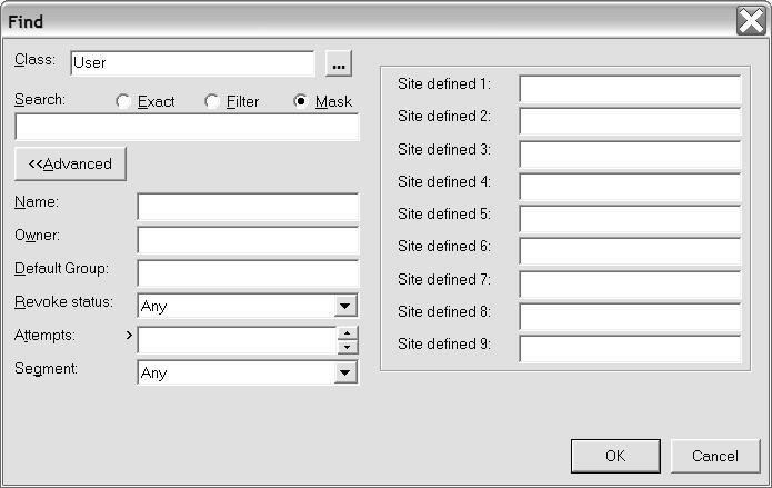 Figure 9. Find dialog with site-specific fields The Find dialog presents these fields and options: Class Specifies the name of the class.