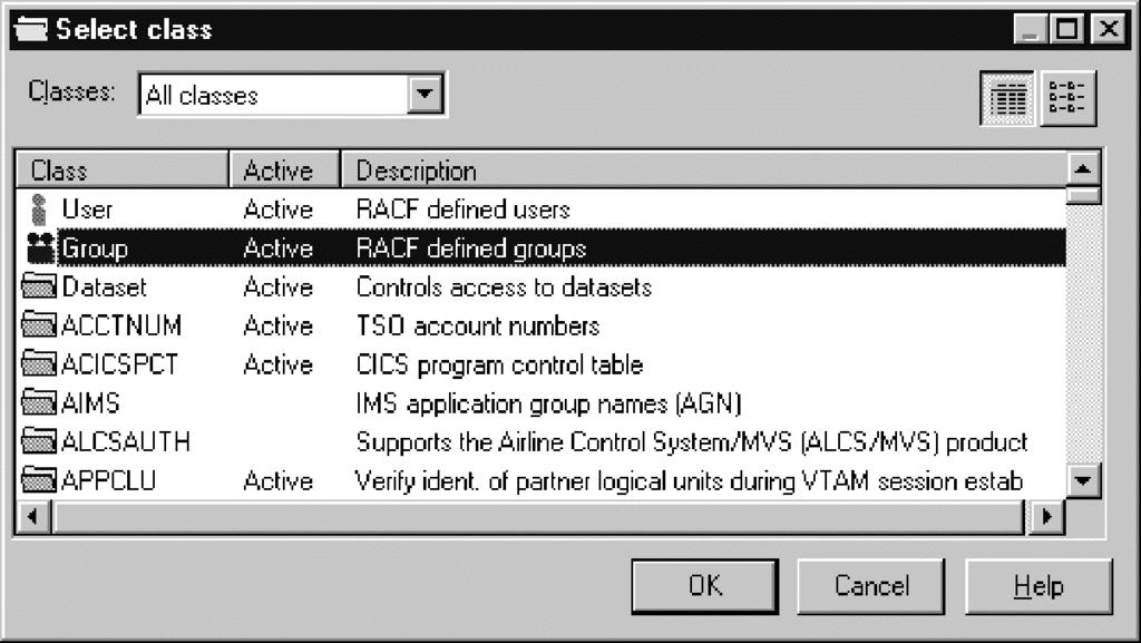 Figure 12. Select class dialog Procedure v Click OK to select the desired class. The table contains these columns: Class: Active: Name of the class.