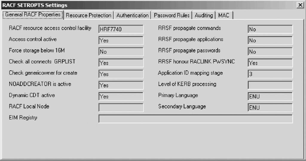 Figure 18. RACF SETROPTS Settings Viewing an Access List You can use the Access List window to view the access list for all user IDs of a resource profile.