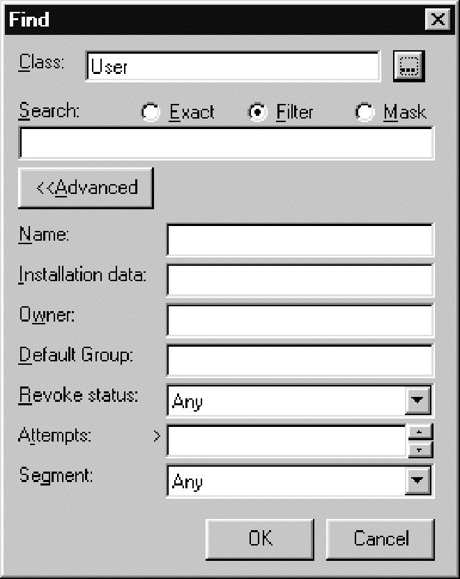 Viewing user properties Figure 20. Find dialog for users Name A substring that must exist in the name. Installation data A substring that must exist in the installation data.