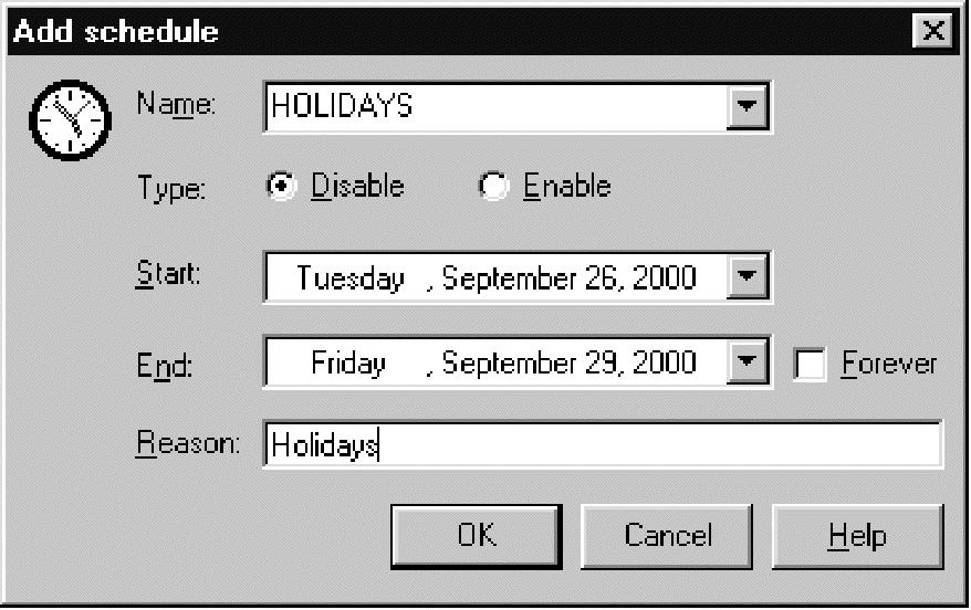 Figure 32. Add schedule interval dialog 2. Enter the fields and click OK to add the schedule to the table. The new schedule interval becomes active after clicking OK in the Schedules dialog.