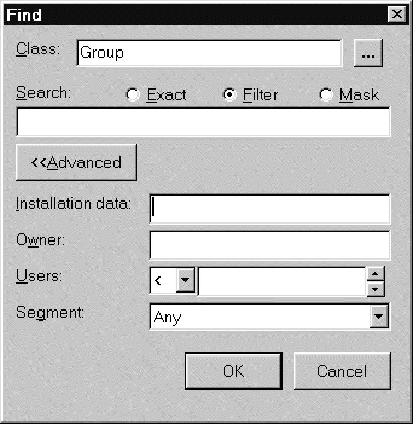 Figure 36. Find dialog for groups Installation data A substring that appears in the installation data. Owner Users Select groups by owner. The field is used as a filter.