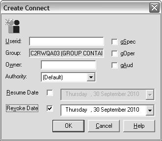 Figure 44. Create connect dialog The complex and node names are displayed in the header of the dialog only if you are operating in multi-system mode. 2. Enter the user ID or group.