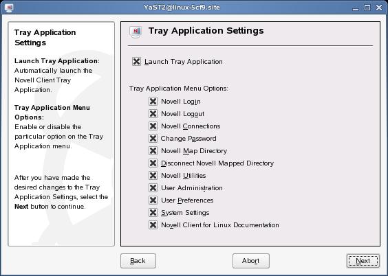 3.1.4 Configuring Tray Application Settings Use the Tray Application Settings page in the Novell Client Configuration Wizard to automatically launch the Novell Client Tray Application when the