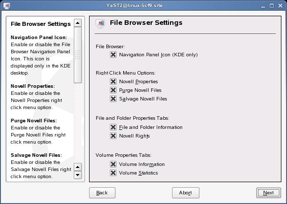 files in a file manager, and which tabs are available on the Novell File, Folder, and Volume Properties pages.