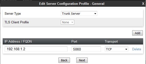Click on Next and enter details in the dialogue box. In the Server Type drop down menu, select Trunk Server.