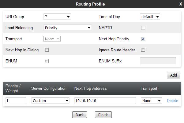 Click on Next and enter details for the Routing Profile for the SIP Trunk: During testing, Load Balancing was not required and was left at the default