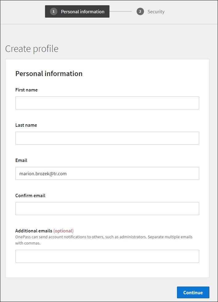 Continue creating your profile by completing the security information.