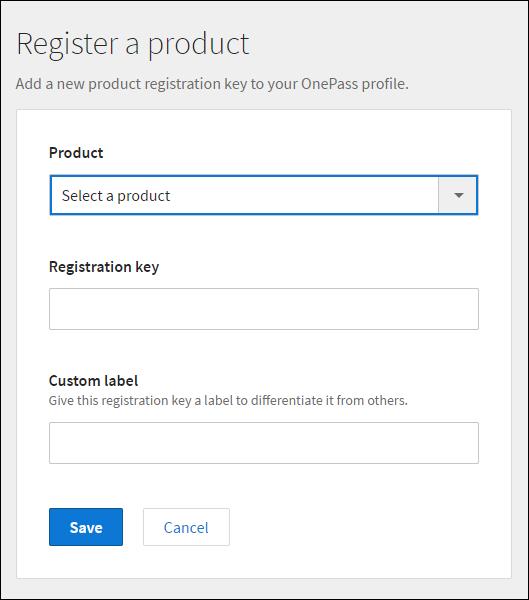 Select the product from the drop-down menu for which you are registering your registration key and fill out the remaining fields. Select Save. (Note: The Registration key field is case sensitive.