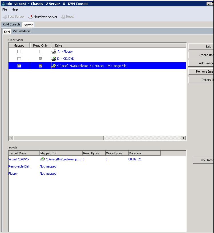 Condor for UCS 3.2 Create a Virtual CD-ROM In the KVM console window complete the following steps: 1. Select the Virtual Media tab. 2. Click the Add Image button to open a file-selector window. 3. Select the Condor installation image.
