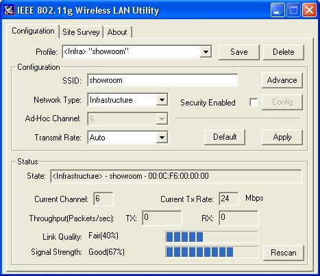 Usage of the WLAN Utility The WLAN Utility consists of window with 3 items for you to monitor and configure the 802.11g Wireless LAN Card: Configuration, Site Survey and About.