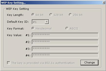 Encryption Setting WEP Press WEP Encryption Key Setting to enter the WEP Key Setting page shown as - Press the Change button to modify the contents of WEP Key setting, when it is finished, press