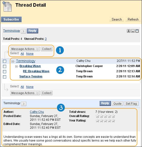 About the Thread Detail Page o On the Thread Detail page, you can navigate from post to post, adjust your view of the page, view information about the selected post, and reply to others.