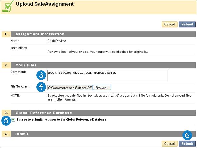 On the Course Menu select the Content Area that holds the SafeAssignment, for example, the Assignments Content Area. 2. On the Assignments page, look for the SafeAssignment and click View/Complete. 3.