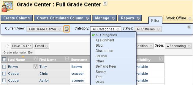 Edited Manually Exempt In progress Needs Grading Not attempted In some instances, you can make another selection in an additional drop-down list to further narrow the columns and users that appear in