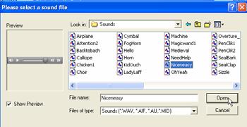 In the Sounds window, click on Preview to open an audio controller. Click on the sound Niceneasy to select it.
