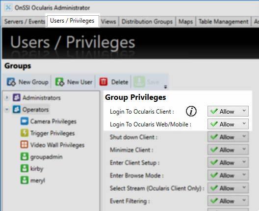 In this instance, the system administrator can set the user s account to Deny the privilege of Login to Ocularis Client from the Users / Privileges Tab (see Figure 8).