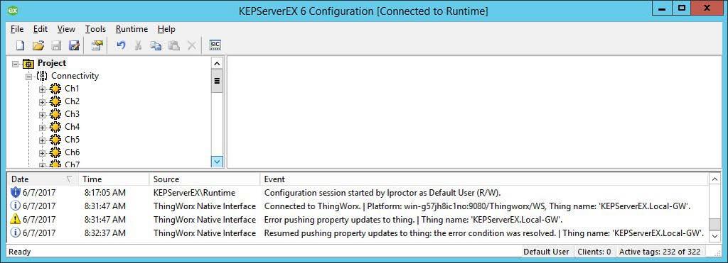 Important: After completing the on-screen instructions, look at the KEPServerEX Event Log to verify that KEPServerEX is connected to ThingWorx.