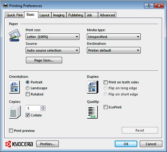 Basic In the Basic tab, you can specify the most commonly used printer driver settings. Basic Settings The Basic tab contains several settings for the most commonly used printing tasks.