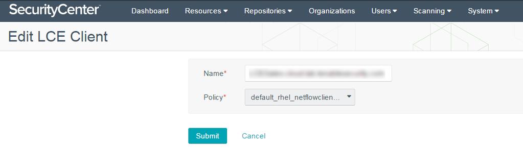 Click the Policy drop-down to select the desired policy. Click Submit. If successful, a pop-up message stating LCE Client Edited Successfully will appear.