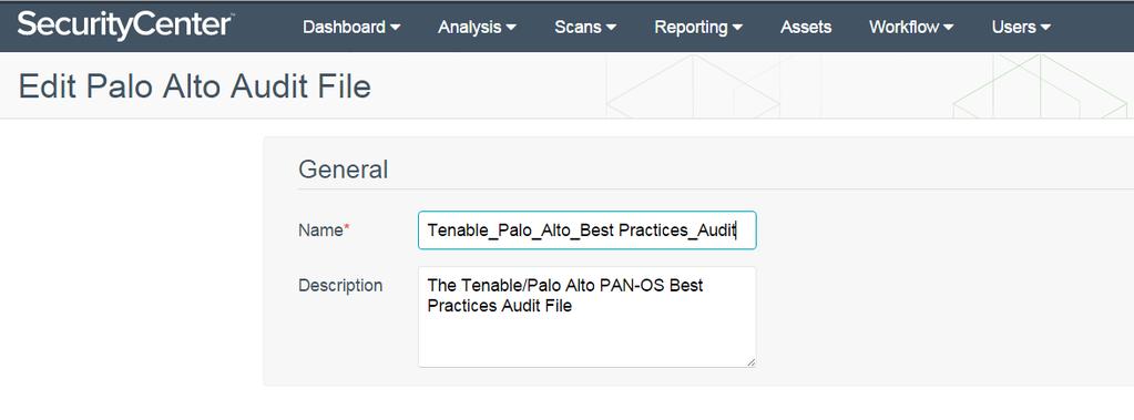 In the General section, enter a name for the audit file and a description (optional). Configure each option within the Compliance Checks section. Each option will be pre-populated by default.