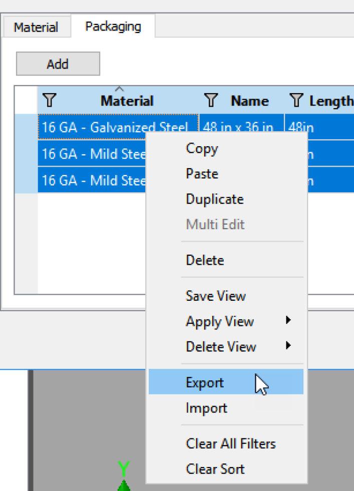 Make sure to highlight the row values you wish to export/import before selecting the Export or Import command.
