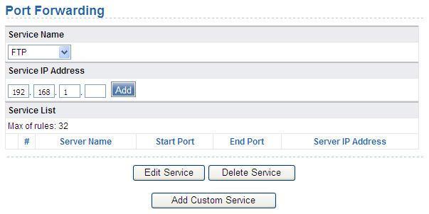 38 Forwarding Port Forwarding 2. Port Forwarding: Port Forwarding will allow your router knowing what network data to the assigned port. Service Name: Select a service type from the drop-down list.