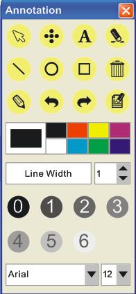 6.4 Annotation Tools Click to open annotation tools For Windows User Interface Icon Pointer tool Laser tool Insert text Description Eraser (Clear marks of free-hand drawing tool) Draw a line Draw