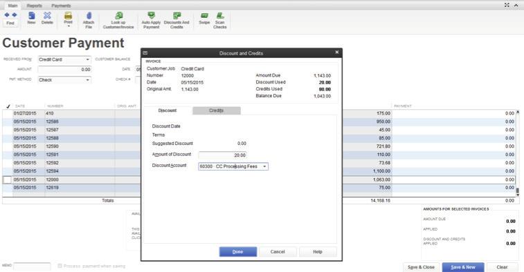 Next, select Receive Payments from the home screen or from the Customer drop down on the toolbar. Highlight invoice no.