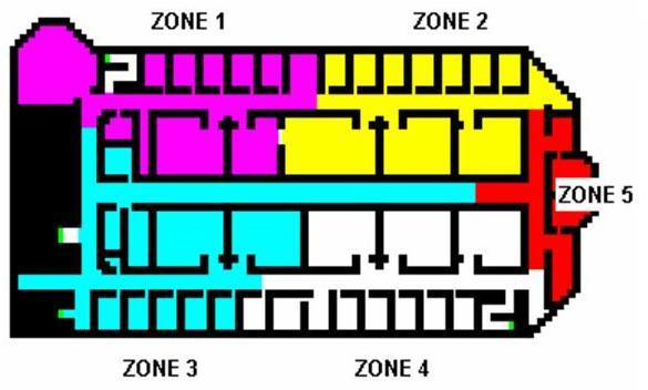4 R. Tomastik, S. Narayanan, A. Banaszuk, and S. Meyn Fig. 2. Floor layout showing zone definitions in each direction through each exit.