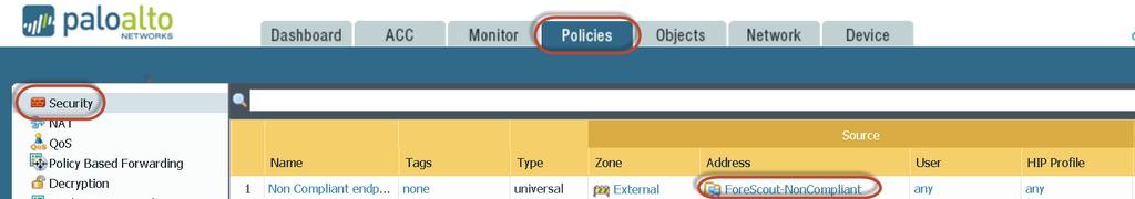 Use the group in the firewall policy based on your security requirements Configure the Module Configure the module for CounterACT to communicate with the Palo Alto Networks service.