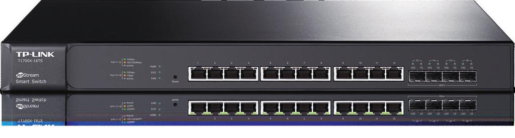 12-Port 10GBase-T Smart Switch with 4 10G SFP+ Slots T1700X-16TS Datasheet Highlights - Equipped with 12 10GBase-T RJ45 Ports and 4 10G SFP+ Fiber Ports, providing 320Gbps Switching Capacity -