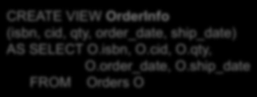 sensitive information CREATE TABLE Orders (ordernum INTEGER, isbn CHAR(10), cid INTEGER, cardnum CHAR(16), qty INTEGER, order_date DATE, ship_date DATE, PRIMARY KEY(ordernum, isbn), FOREIGN